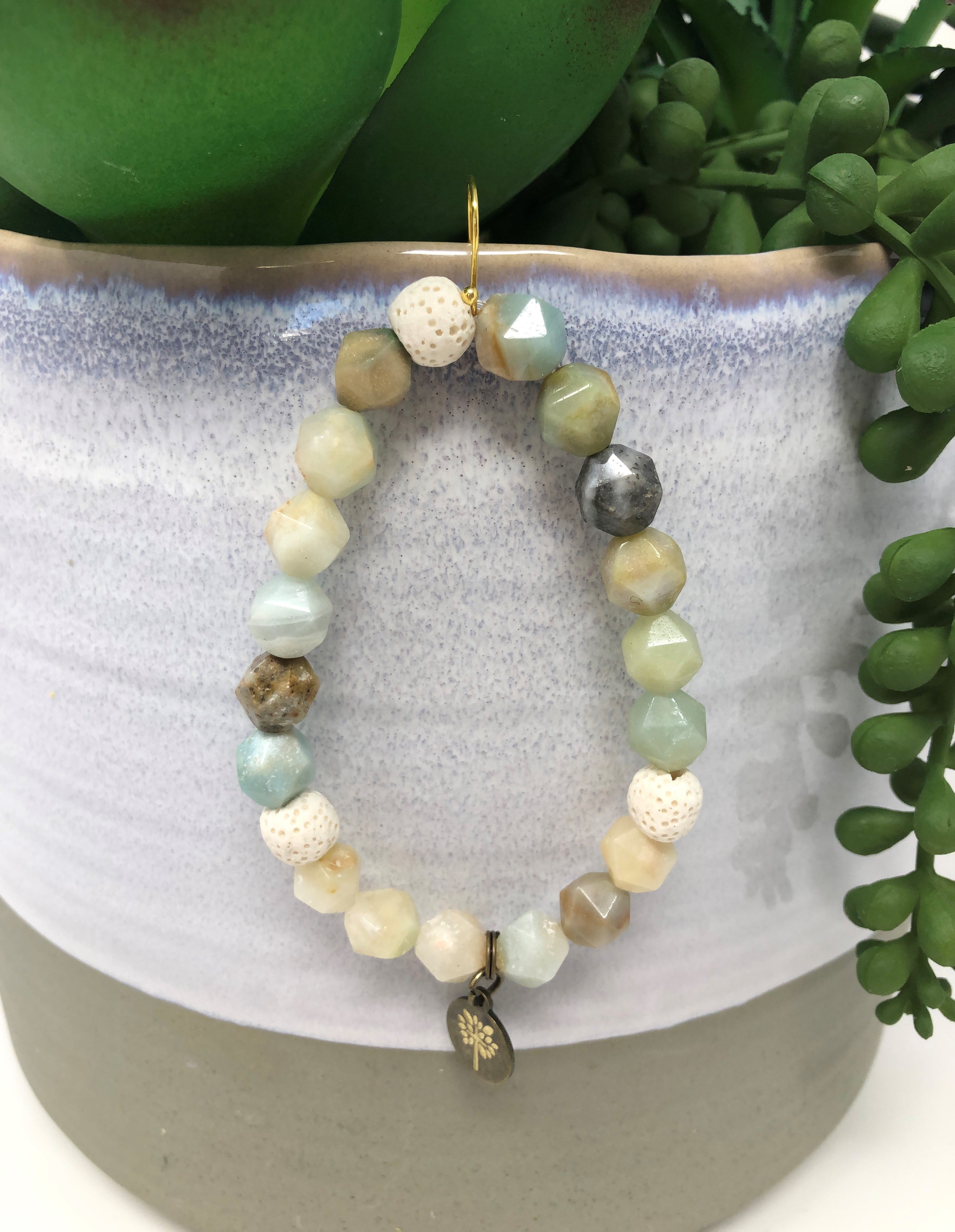 Edged Amazonite Pale Green Gemstone with Lava Beads Diffuser Bracelet